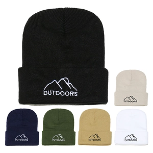 Detailed view of six colors of knit beanies with embroidered mountain outdoor logo