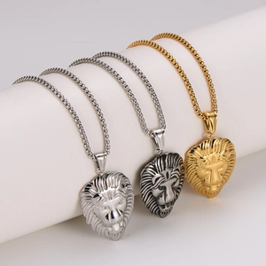 Vintage lion head stainless steel necklaces for men in gold, silver, and black finishes