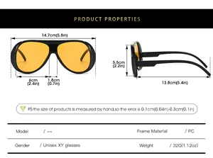 Detailed size chart for vintage pilot sunglasses showing frame width and lens dimensions