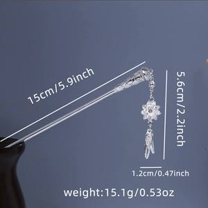 Silver hair stick detail with hollow flower pendant and precise size measurements