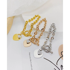 Three-color geometric stainless steel chain bracelets with diamond heart and OT toggle clasp