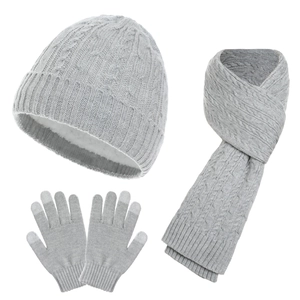Light gray wool knit winter set with beanie, scarf, and touch screen gloves in 3 pieces