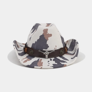 Detailed cow print cowboy hat with leather band and silver longhorn bull head metal emblem