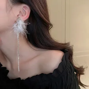 Asymmetric Feather Butterfly Rhinestone Tassel Earrings With 925 Sterling Silver Earring Post Long Dangle Jewelry For Women