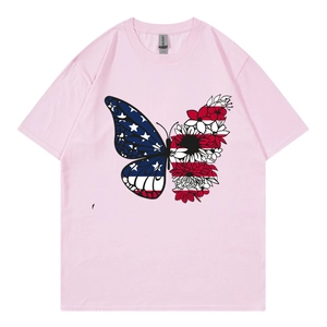 Pink Independence Day t-shirt featuring creative floral butterfly and American flag pattern