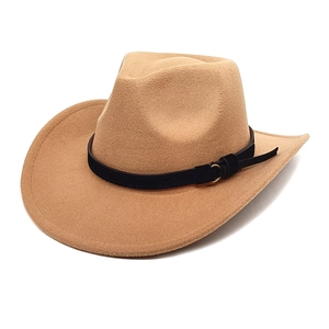 Classic camel wool cowboy hat with wide brim and black band featuring gold buckle