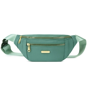 Sage green nylon fanny pack with gold zippers and dual zipper compartments on white background