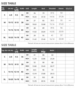 Detailed size guide table for women elegant tube top long sleeve shirt and skirt set