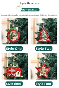 Detailed view of four wooden Christmas ornaments hanging on a green tree branch
