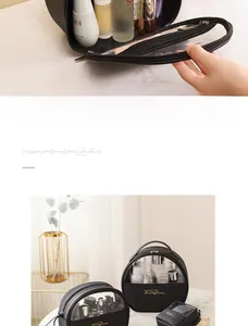 Detail of multi-size black PU leather makeup bag set with transparent PVC window and zippers