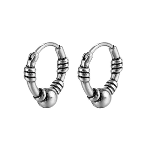 Vintage titanium steel hoop earrings with distressed texture and ball detail in silver finish