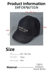 Size chart for American vintage cotton baseball cap with Racquet Club embroidery detail