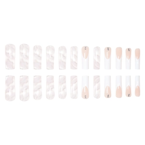 French tip false nails set with white marble patterns and rhinestones 24pcs square shape