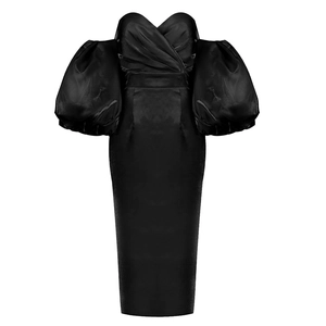 Detail view of black off-the-shoulder dress with lantern sleeves and satin finish