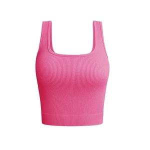 Rose red ribbed knit yoga tank top with wide straps and square neckline on white background
