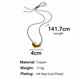 Detailed spec sheet of 14K gold plated irregular pendant necklace with 141.7cm leather cord