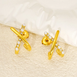 Stainless Steel Cross Stud Earrings 18K Gold Plated Geometric Intertwined Zircon Artificial Pearl Fashion Jewelry For Women