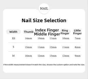 Size guide table for press-on nails showing width measurements for XS, S and M sizes
