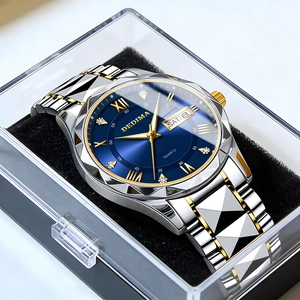Luminous quartz watch for couples with blue dial and two-tone stainless steel bracelet