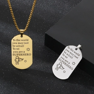 Gold and silver stainless steel Dad dog tag necklaces with superhero engraving for Father's Day