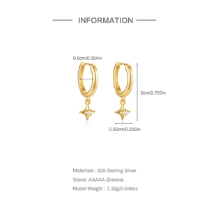 Detailed view of gold S925 silver star earrings with dimensions 0.9cm and 5A zircon