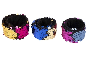 Detailed view of three reversible mermaid sequin slap bracelets with velvet lining