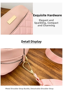 Detail of pink quilted bag showing golden hardware and detachable fabric shoulder strap