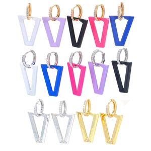 Trendy Irregular Trapezoid Hollow Hoop Earrings For Women V Shape Geometric Copper Zirconia Enamel Colorful Dangle Earrings