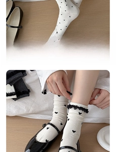 Close-up of heart pattern cotton socks with lace trim and polka dot crew socks