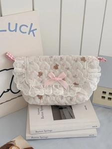 Détail du sac matelassé avec imprimé ours, bordure en dentelle blanche et nœud rose