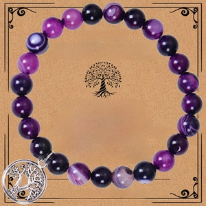 Close-up of purple agate bead bracelet with Tree of Life charm on gift message card