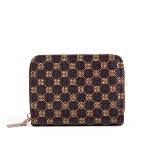 Dark coffee multilayer card wallet with clover pattern and gold zipper in front view