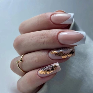French White Tip Press On Nails Medium Long Square Nude Pink Gold Leaf Silhouette Artificial Fake Nails For Women Daily Manicure