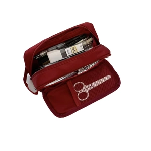 Large capacity burgundy nylon pencil case with multi-layer zippers and mesh pocket storage