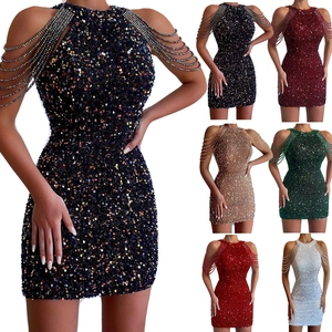 Sparkly sequin halter dress with fringe beadwork and shoulder cutouts in multiple colors