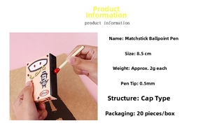 Creative matchstick ballpoint pen with compact size 8.5cm and 0.5mm blue ink refill