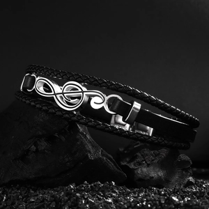Men's multilayer black leather music bracelet with silver musical note and infinity charm