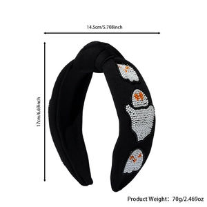 Detail view of black beaded ghost headband showing dimensions 17cm by 14.5cm and 70g weight