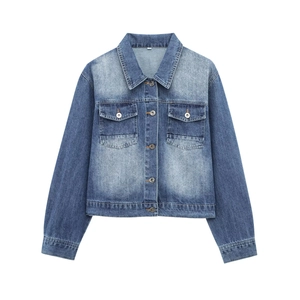 Washed blue denim jacket with classic lapel and metal buttons on a white background