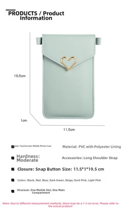 Detail view of mint green PVC phone bag with touchscreen window and heart buckle