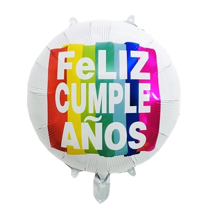 18 inch white round heart foil balloon with rainbow Feliz Cumpleaños Spanish birthday print