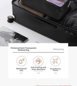 Waterproof clear PVC travel makeup bag with gold zipper inside a black suitcase
