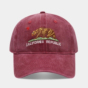 Detailed close-up of California Republic bear embroidery on washed cotton baseball cap