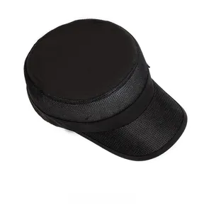 Top view of black mesh flat top military cap showing breathable fabric and solid crown