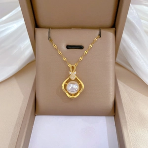 Gold Pendant Necklace Gourd Design Titanium Steel Chain Copper Pendant With Artificial Pearl And Zircon Elegant Jewelry For Women