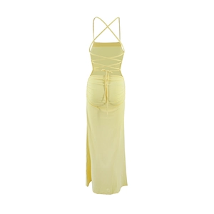 Detail of light yellow maxi dress showing open back with crisscross ties and ruching