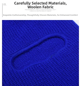 Close-up of blue knitted balaclava showing fine knit texture and reinforced seam edge