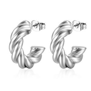 Silver twisted rope hoop earrings with a textured weave design on a white background