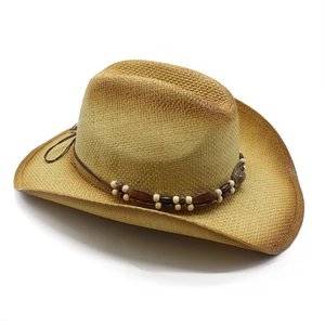 Western style hand-woven straw panama hat with ethnic beaded band for sun protection
