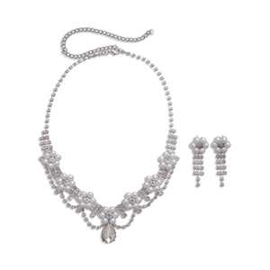 Elegant silver-toned bridal jewelry set with flowers, faux pearls and teardrop crystals